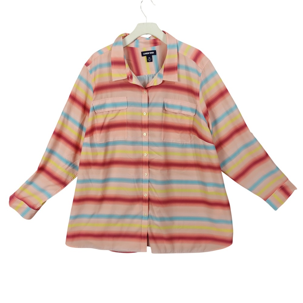 Lands End Womens 3X Plus Pink Multi Stripe Button Down Long Sleeve Shirt Top
